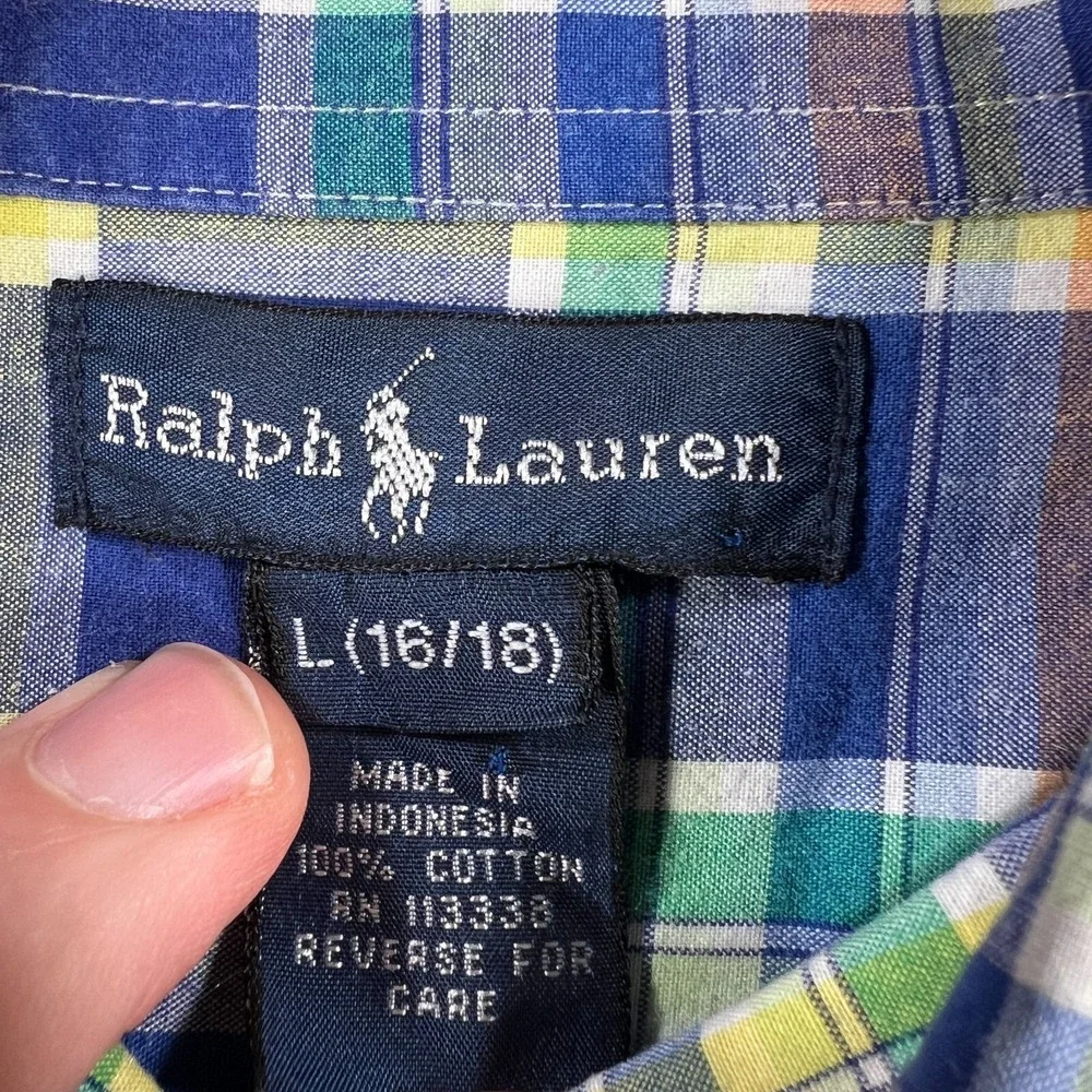 Ralph Lauren Shirt Youth Boys Large Blue Green Plaid Long Sleeve Button Down